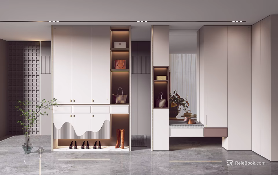 Modern Entryway Hallway Interior With White Storage Cabinets Mirror Shoes And Potted Plant 3d model 
