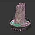Wooden Stump Decorative Piece In Black Circular Base With White Stone Fragments And Green Grass