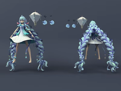 Game Movie Character With Long Blue Twin Braids White Dress Umbrella Blue Decorative Elements 3d model