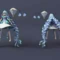 Game Movie Character With Long Blue Twin Braids White Dress Umbrella Blue Decorative Elements