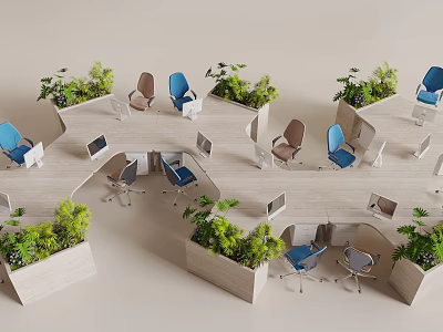 Modern Open Plan Office Desks With Lush Green Plant Partitions And Comfortable Ergonomic Office Chairs 3d model