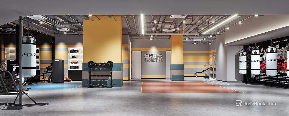 Modern IronFit Gym Interior with Dumbbell Rack Treadmill and Fitness Equipment 3d model