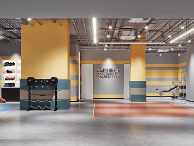 Modern IronFit Gym Interior with Dumbbell Rack Treadmill and Fitness Equipment 3d model