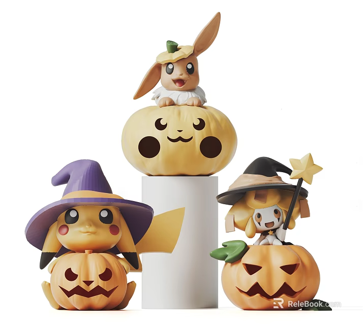 Cute Halloween Themed Pokemon Figures With Witch Hats On Pumpkin Bases 3d model 