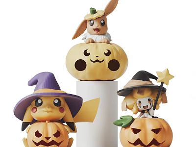 Cute Halloween Themed Pokemon Figures With Witch Hats On Pumpkin Bases 3d model