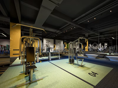 Spacious Fitness Gym Interior With Strength Training Machines Mirrors Floor Markings And Overhead Lighting 3d model