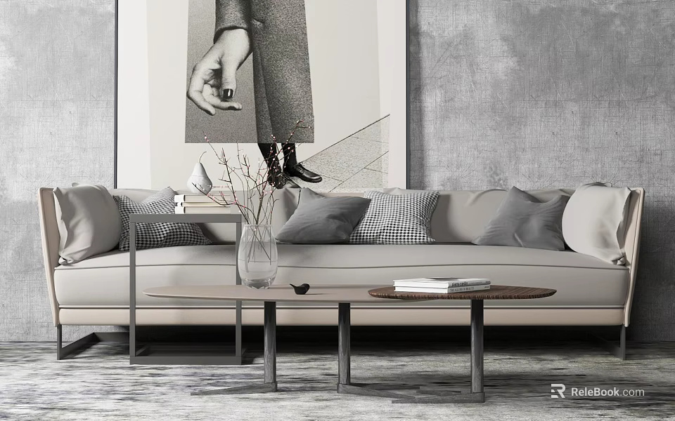 Light Colored Three Seater Sofa With Gray Pillows Checkered Cushions And Round Coffee Table 3d model