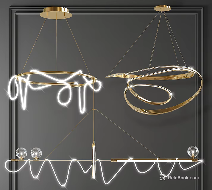 Luxury Modern Gold Curved Chandelier With Light Strip And Sphere Decorations 3d model 