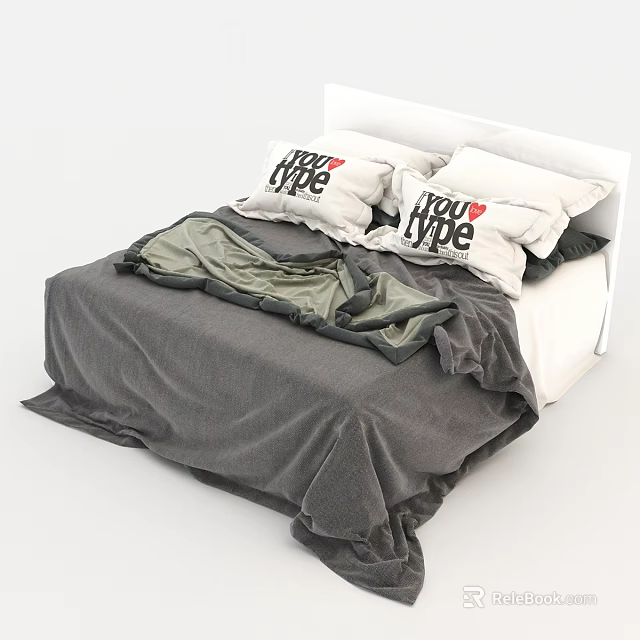 Modern Double Bed With White Headboard And TYPE Printed Pillows Gray Bedspread 3d model 
