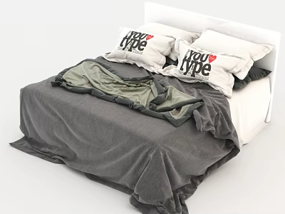 Modern Double Bed With White Headboard And TYPE Printed Pillows Gray Bedspread 3d model