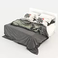 Modern Double Bed With White Headboard And TYPE Printed Pillows Gray Bedspread 3d model
