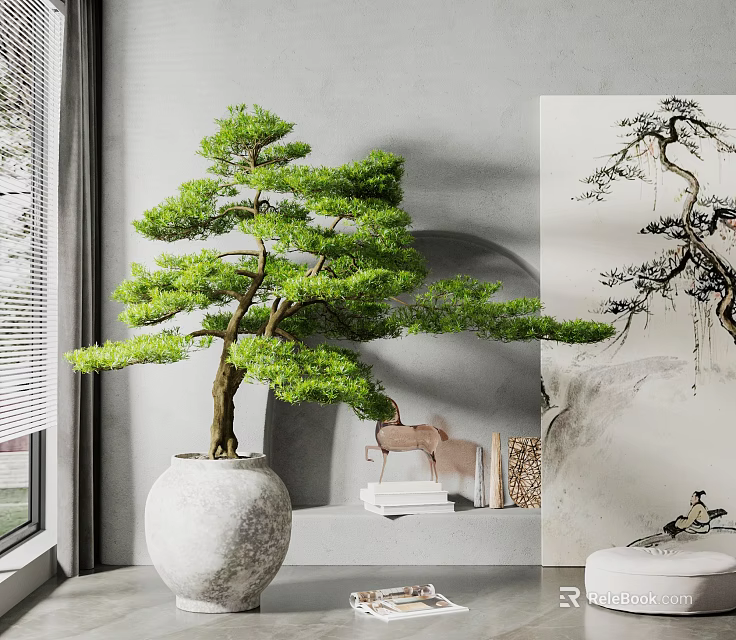 Elegant Indoor Bonsai Tree in White Ceramic Pot with Decorative Painting and Window Light 3d model 