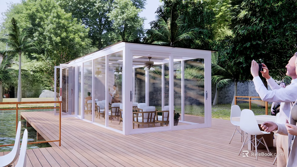 Spacious Glass Sunroom On Wooden Deck With Outdoor Tables Chairs And Green Trees 3d model 