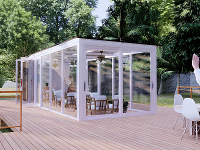 Spacious Glass Sunroom On Wooden Deck With Outdoor Tables Chairs And Green Trees 3d model