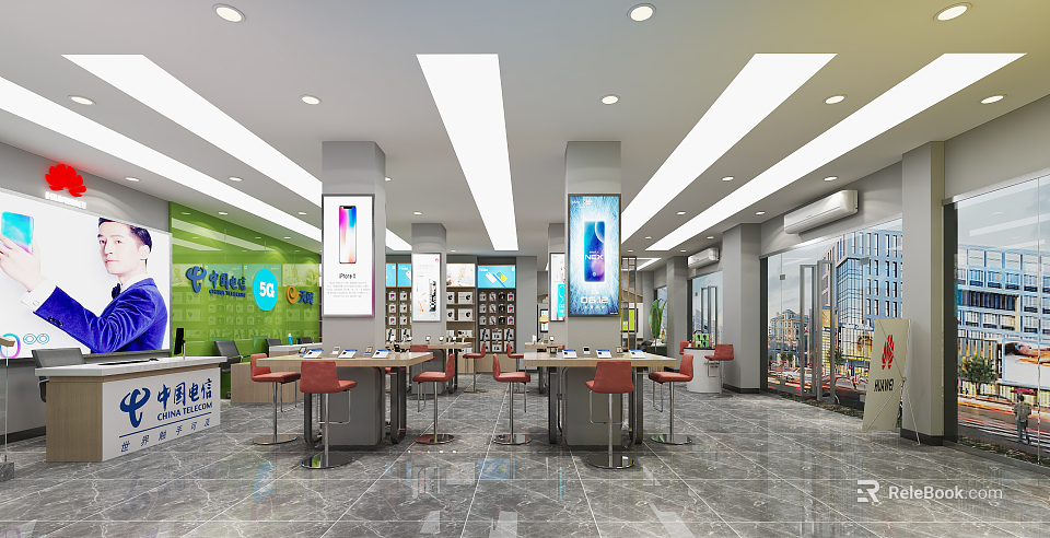 Modern Digital Store Interior With Smartphones Display Screens Tables And Bright Lighting 3d model 