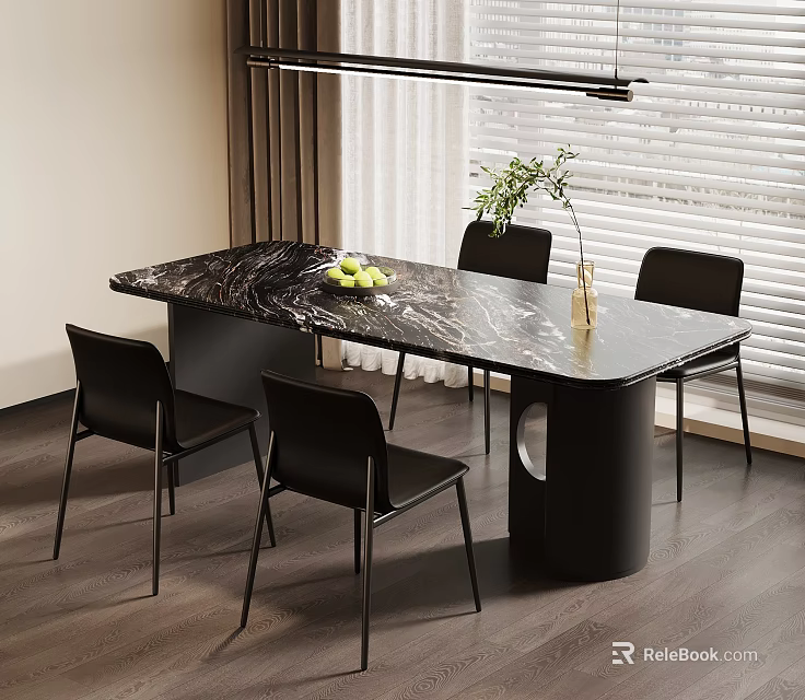 Modern Dining Table Set With Marble Top And Black Chairs Decorative Plants In Bright Room 3d model 