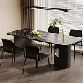 Modern Dining Table Set With Marble Top And Black Chairs Decorative Plants In Bright Room