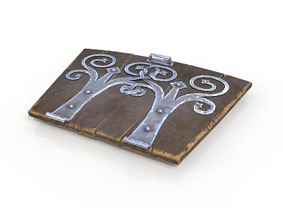 Wooden Decorative Plaque With Silver Metal Tree Like Curved Ornaments And Carved Design 3d model