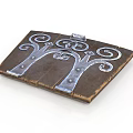 Wooden Decorative Plaque With Silver Metal Tree Like Curved Ornaments And Carved Design