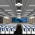 Spacious Modern Conference Room With Arranged Seats Large Screen And Chandeliers