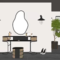 Elegant Vanity Table With Oval Mirror Wall Lamps Woven Baskets Stool And Plant