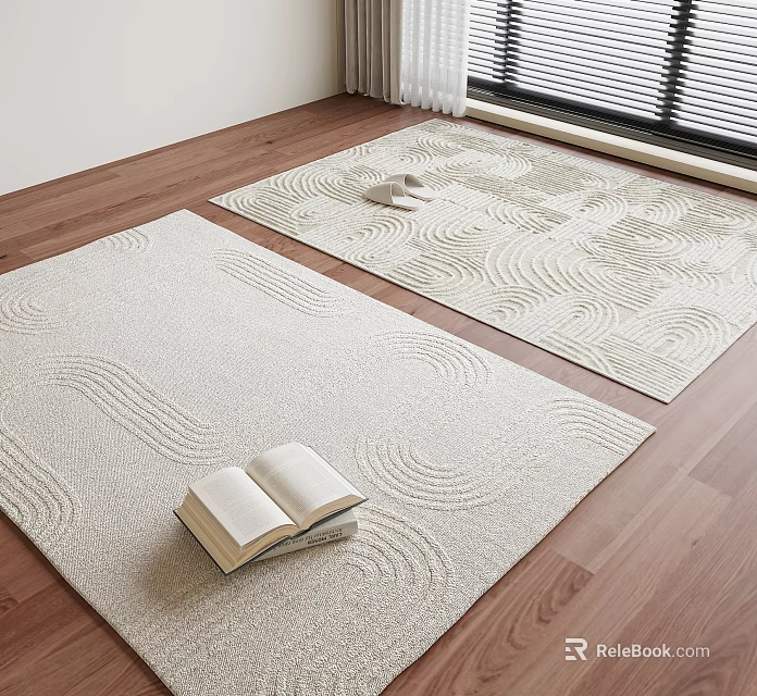 Minimalist Square Carpets With Wavy Patterns On Wooden Floor With Open Book And Natural Light 3d model 