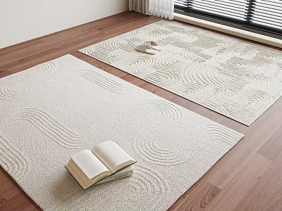 Minimalist Square Carpets With Wavy Patterns On Wooden Floor With Open Book And Natural Light 3d model