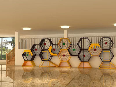 Colorful Hexagonal Indoor Playground Equipment For Children Interactive Play Structures 3d model