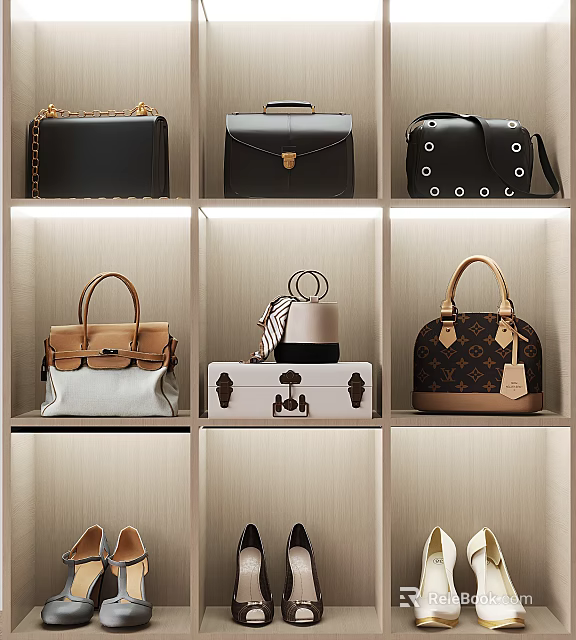 Stylish Leather Bags And Suitcases Display On Shelves With Various Designs And Colorful Details 3d model 
