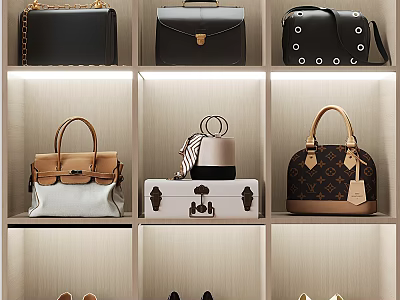 Stylish Leather Bags And Suitcases Display On Shelves With Various Designs And Colorful Details 3d model