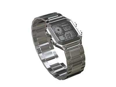 Silver Digital Watch With Square Dial Metal Strap And Modern Design 3d model