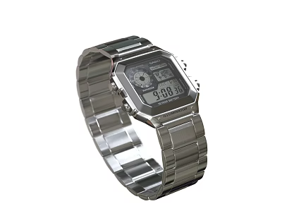 Silver Digital Watch With Square Dial Metal Strap And Modern Design 3d model