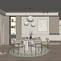 Modern Restaurant Dining Area With Round Table Chairs Pendant Lights Decorative Art and Neutral Tones
