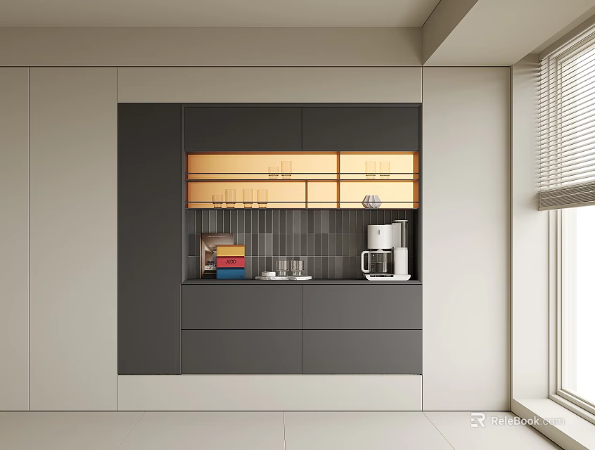 Modern Gray Wine Cabinet With Glass Doors And Coffee Machine On Tile Backsplash With Books 3d model 