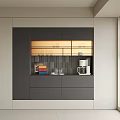 Modern Gray Wine Cabinet With Glass Doors And Coffee Machine On Tile Backsplash With Books