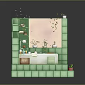 Cozy Green Bathroom Interior With Bathtub Shelves And Potted Plants