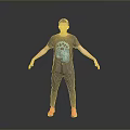 Man Wearing Grey T Shirt With Blue Gear Print Grey Pants Red Shoes Arms Outstretched