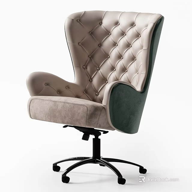 Luxury Beige And Green Tufted Office Chair With Velvet Upholstery And Swivel Base 3d model 