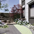 Garden Courtyard Design With Stone Pathway Lush Plants And Flower Beds