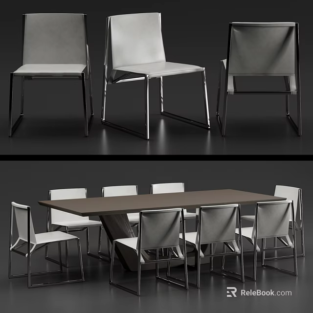Modern Dining Table Set With Six Chairs Metal Legs And Light Colored Seats 3d model 