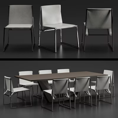 Modern Dining Table Set With Six Chairs Metal Legs And Light Colored Seats 3d model