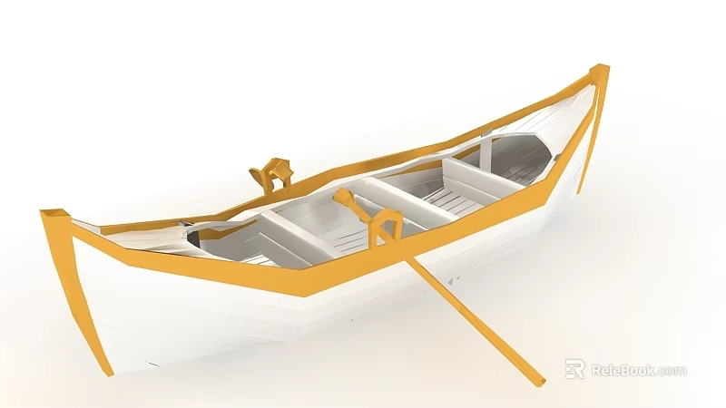 White Canoe With Yellow Trim And Wooden Paddle For Recreational Activities 3d model 