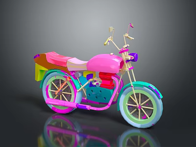 Colorful Vibrant Artistic Toy Motorcycle With Pink Body And Multicolored Wheels 3d model