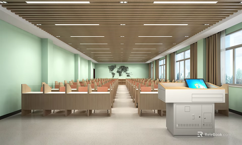 School Modern Classroom Interior With Rows Of Desks Teacher Desk And Multimedia Screen 3d model 