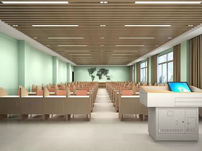 School Modern Classroom Interior With Rows Of Desks Teacher Desk And Multimedia Screen 3d model