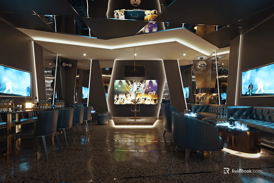 Modern KTV Interior Design With Stylish Lighting LED Screens Bar Seating And Comfortable Sofas 3d model 
