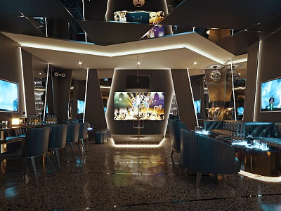 Modern KTV Interior Design With Stylish Lighting LED Screens Bar Seating And Comfortable Sofas 3d model