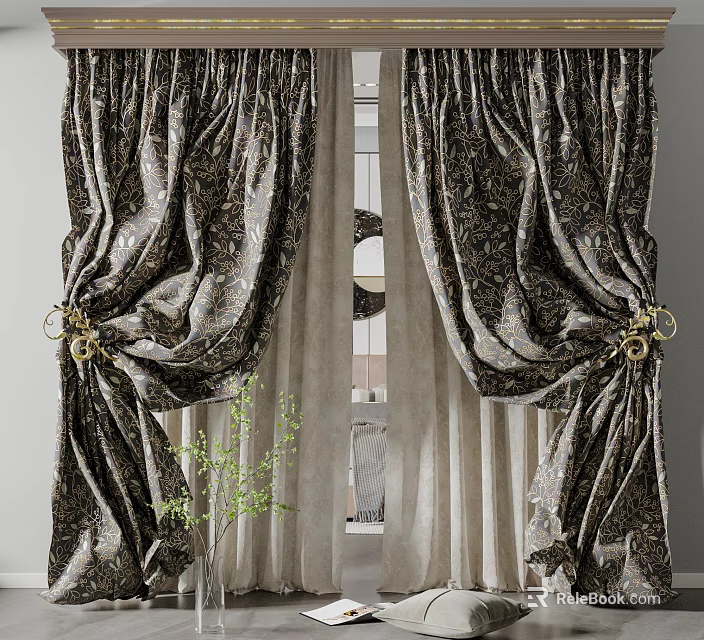 Elegant Damask Pattern Curtains with Golden Tiebacks and Sheer Lining for Window Decoration 3d model 