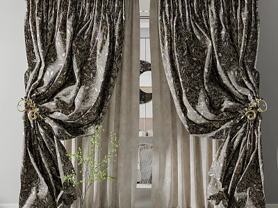 Elegant Damask Pattern Curtains with Golden Tiebacks and Sheer Lining for Window Decoration 3d model