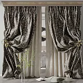 Elegant Damask Pattern Curtains with Golden Tiebacks and Sheer Lining for Window Decoration